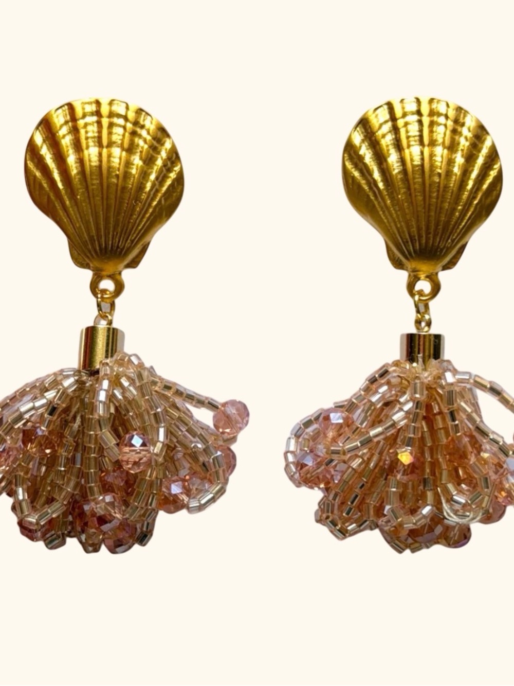 Gold Shell Drop Earrings with Blush Bead Tassel - Picture 2 of 4